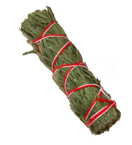 Cedar smudge stick bundled with red and white string