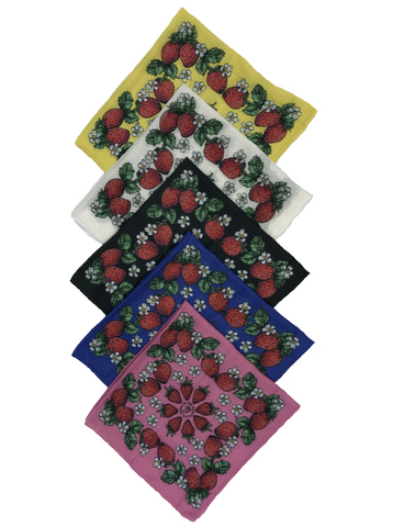 Product image of five different coloured strawberry Kokum Scarves, pink, blue, black, white and yellow.