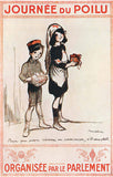 Poster shown: Pair of young children dressed in nurse uniform and solider's kit with text in French reading " Journee du polilu" and "Organisee par le Parlement"