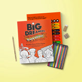 Image showing cover of Big Dreamers: Canadian Black History Activity Book for Kids Vol. 2 and sticker sheet included, with a pencil , coloured pencils, eraser and sharpener on the side