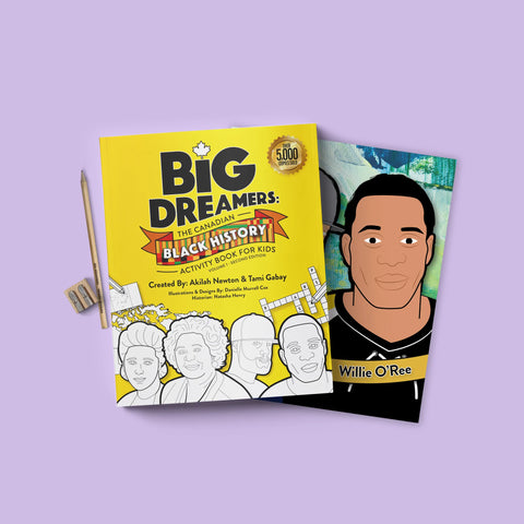 Image showing cover of Big Dreamers: Canadian Black History Activity Book for Kids Vol. 1 and part of colour poster included, with a pencil and sharpener on the side