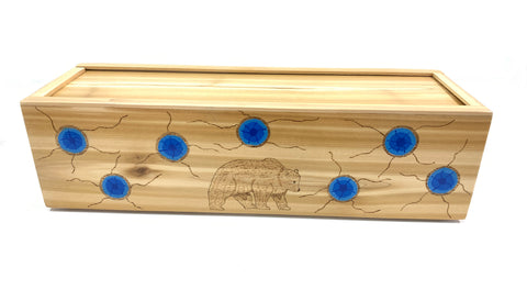 Front view of cedar medicine box with bear and seven grandfathers