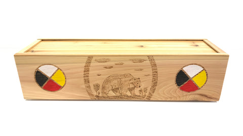 Front view of cedar feather box with bear with clouds
