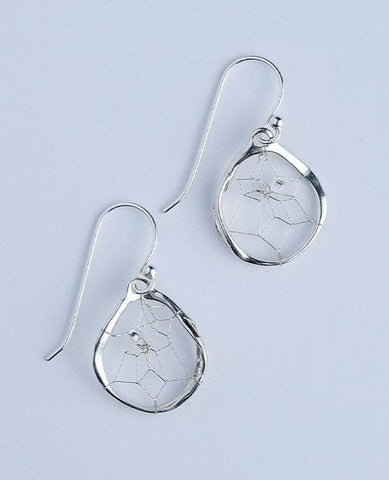 Close product shot of sterling silver teardrop dream catcher earrings