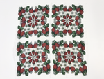 White background with strawberries, white flowers and green leaves.