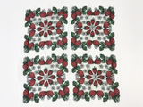White background with strawberries, white flowers and green leaves.