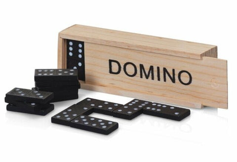 Partially open wooden domino box showing black tiles inside and on the table