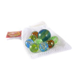 Assorted marbles displayed on a mesh bag