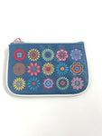 Blue coin purse with embroidered flowers 