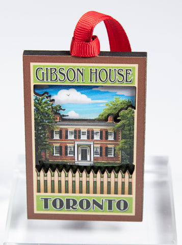 Gibson House rectangular ornament with red ribbon