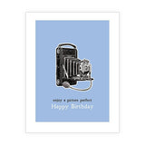 Eco-friendly greeting card with old fashioned camera illustration and the words "enjoy a picture perfect Happy Birthday"