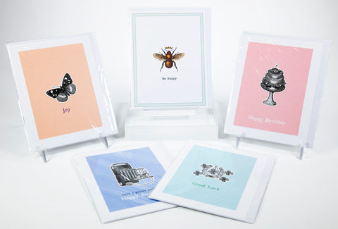 Group shot of eco-friendly greeting cards with vintage illustrations