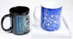 Black and Blue mugs with Celtic designs