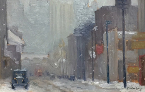 Painting of snowy streetscape