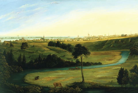 Landscape painting of valley and city 