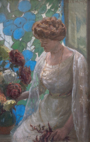 Postcard featuring painting of woman and flowers