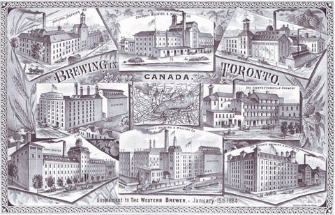Postcard featuring sketches of eight Toronto breweries