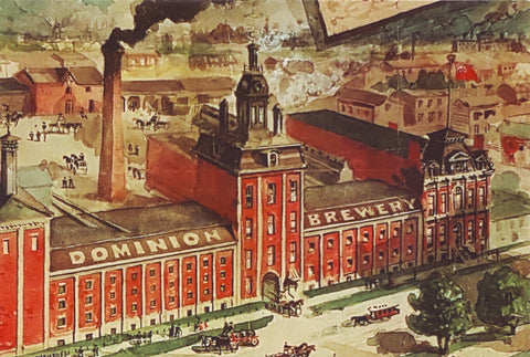 Postcard featuring painting of red Dominion Brewery building