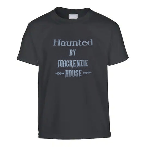 Haunted by Mackenzie House printed in white lettering on a black t-shirt