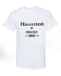 Haunted by Mackenzie House printed in black lettering on a white t-shirt