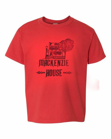Mackenzie House logo printed in black on a red t-shirt