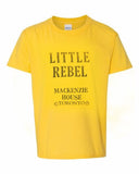 Little Rebel printed in black lettering on yellow t-shirt