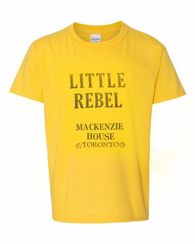 Little Rebel printed in black lettering on yellow t-shirt