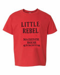 Little Rebel printed in black lettering on red t-shirt
