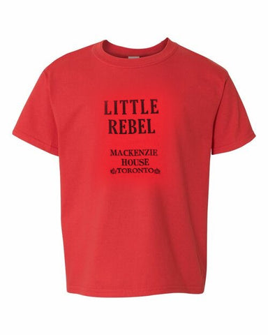 Little Rebel printed in black lettering on a red t-shirt