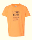 Little Rebel printed in black lettering on a orange t-shirt