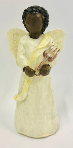 Angel with short black hair holding a stylized instrument with both hands.