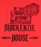 Close up of Mackenzie House logo printed in black on a red t-shirt