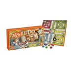 Ludo game box beside game board and pieces