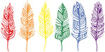Original art showing stylized feathers in red, orange, yellow, green, blue and purple surrounded by tiny dots.