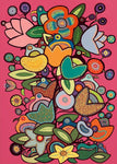 Image of birds and flowers in the Woodland Style of painting on a pink background.