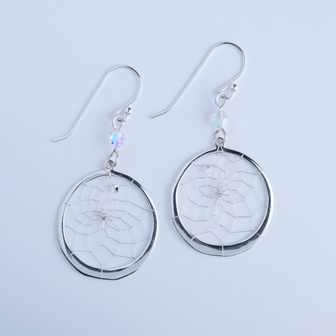 Close product shot of Swarovski Crystal sterling silver 1" dream catcher earrings