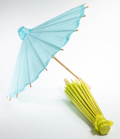 Open blue parasol and closed green parasol