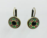 Vintage button hanging earrings with black centres and red and green half-circle settings