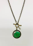 Vintage button toggle necklace, 1930s in kelly green