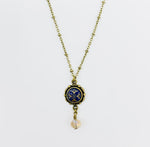 Necklace with vintage blue button and crystal drop