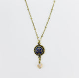 Necklace with vintage blue button and crystal drop