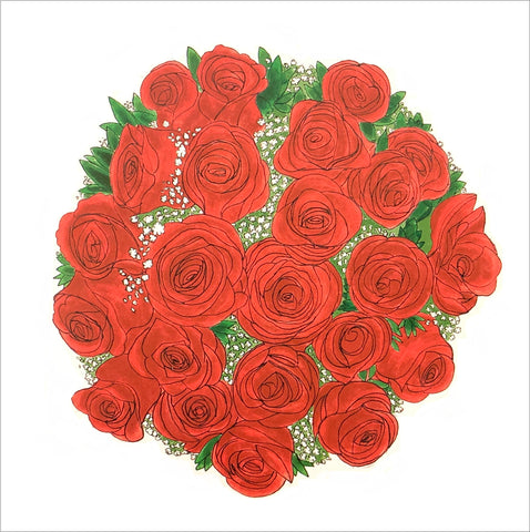 Blossom greeting card with red roses and baby's breath in a ball on the cover