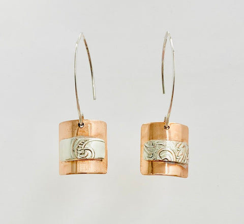 Copper square dangle earrings with a stripe of patterned silver across
