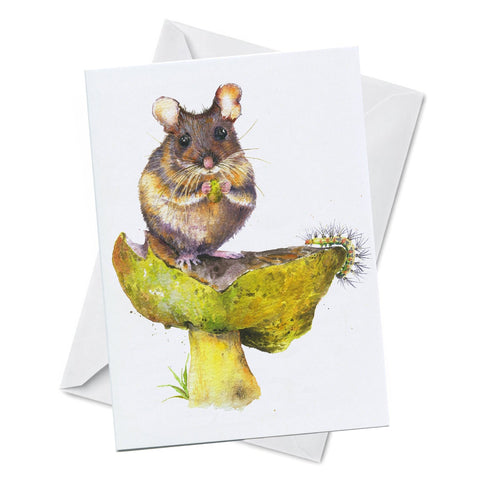 Greeting card with watercolour artwork of a mouse on a mushroom cap