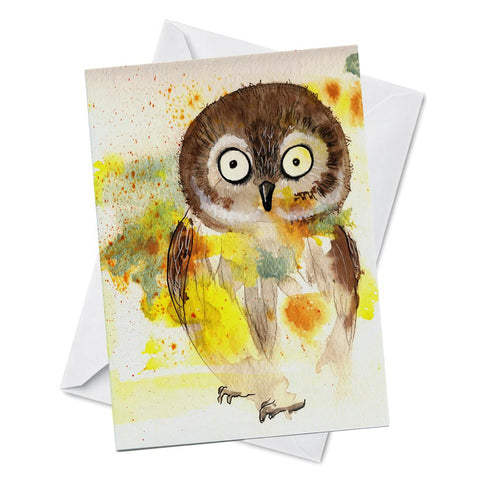 Greeting card with watercolour artwork of a baby owl