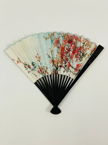 Unfolded fan shown with Cherry Blossom blue print