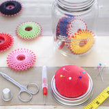 Kikkerland mason jar sewing kit contents on working table
