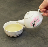 Person pouring tea from the Kikkerland blossom morph teapot into the cup, showing changing colours of the blossoms 