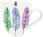 White mug with stylized feathers in green, blue and purple on the outside.  Top of a black feather can be seen on the inside of mug. 