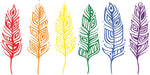 Stylized feathers in red, orange, yellow, green, blue and purple with small dots surrounding them.